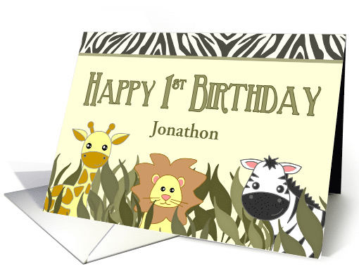 Happy 1st Birthday Cute Cartoon Jungle Animals Custom Name card