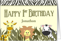 Happy 1st Birthday Cute Cartoon Jungle Animals Custom Name card