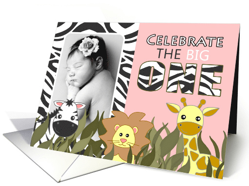 Cute Jungle Themed First Birthday Party Pink Photo Invitations card