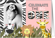 Cute Jungle Themed First Birthday Party Pink Photo Invitations card