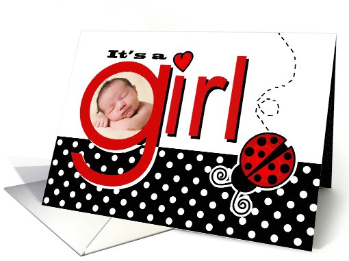 Cute Red Ladybug Baby Girl Photo Birth Announcement card (949372)