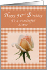 Happy 50th Birthday to a Wonderful Sister, Peach Rose Gingham card