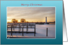 Merry Christmas Snow Covered Marina and Lighthouse card
