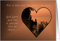 For a Son and Daughter in Law, Anniversary, Heart at Romantic Sunset card