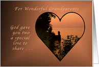 For Grandparents, Anniversary, Heart at Romantic Sunset card