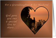 For a Granddaughter and Husband, Anniversary, Heart at Romantic Sunset card