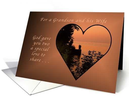 For a Grandson and Wife, Anniversary, Heart at Romantic Sunset card