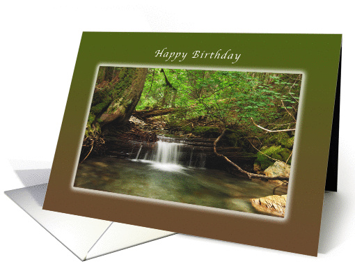 Happy Birthday, Waterfall in Old Growth Forest, blank note card