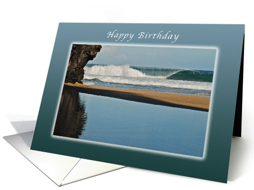 Happy Birthday, Breaking Ocean Waves, on a Beach, Kauai, Hawaii, card