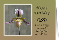 Happy Birthday for a Special Neighbor and Friend, Lady Slipper Orchid card