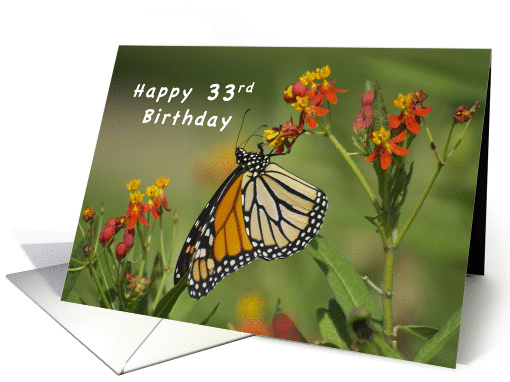 Happy 33rd Birthday, Monarch Butterfly on Red Milkweed Flowers card