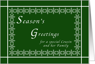 Season’s Greetings for a Cousin and Her Family, Snowflakes on Green card
