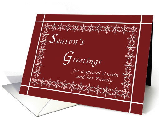 Season's Greetings, Cousin and Her Family, Snowflakes on Red card