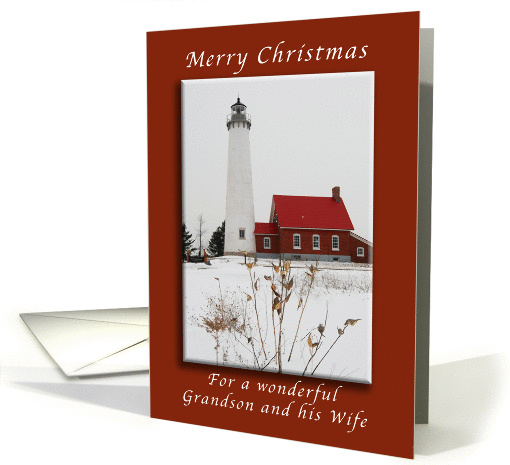 Merry Christmas, Tawas Lighthouse, For a Grandson and his Wife card