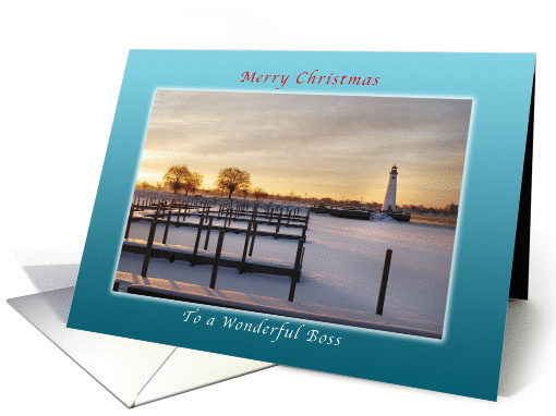 Merry Christmas, for a Boss, Marina and Lighthouse Winter Sunrise card