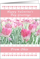 Happy Valentine’s Day Greetings, Ohio, Pink Heart & Tulips card