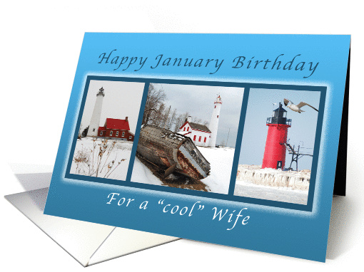 Happy January Birthday for a Cool Wife, Lighthouses in Winter card