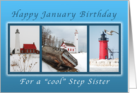 Happy January Birthday for a Cool Step Sister, Lighthouses in Winter card