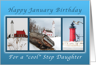 Happy January Birthday for a Cool Step Daughter, Lighthouses in Winter card