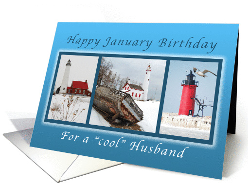 Happy January Birthday for a Cool Husband, Lighthouses in Winter card