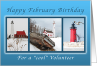 Happy February Birthday for a Cool Volunteer, Lighthouses in Winter card