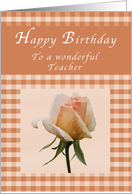 Happy Birthday to a Wonderful Teacher, Peach rose Gingham card