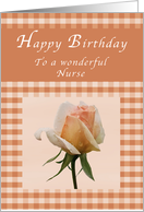 Happy Birthday to a Wonderful Nurse, Peach rose Gingham card