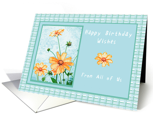 Happy Birthday From All of Us, Orange flowers, gingham backdrop card