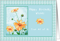 Happy Birthday From All of Us, Orange flowers, gingham backdrop card