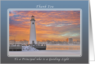A Thank to a principal who is a guiding light, lighthouse at sunrise. card