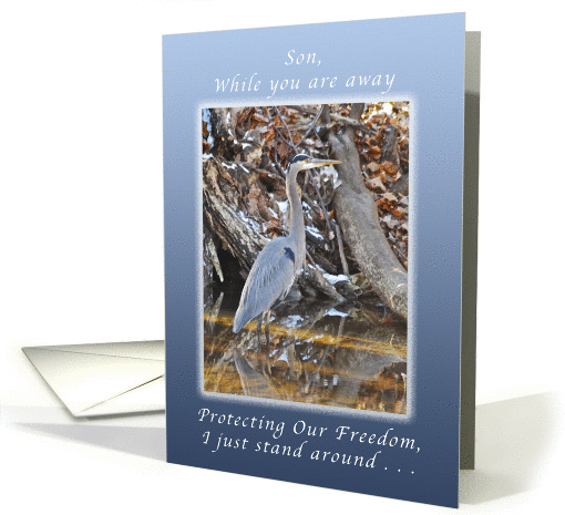 To a Son, You are Missed During Your Deployment, Blue Heron card