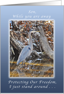 To a Son, You are Missed During Your Deployment, Blue Heron card