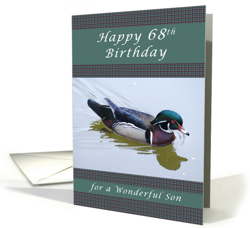Happy 68th Birthday for a Son, Wood Duck and Gingham Background card