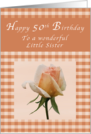 Happy 50th Birthday to a Wonderful Little Sister, Peach rose Gingham card