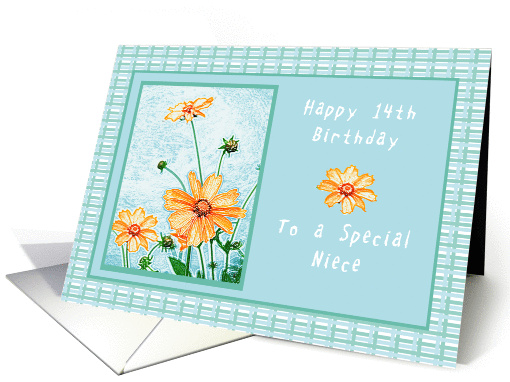 Happy 14th Birthday to a Niece, Orange flowers, gingham card (1226008)