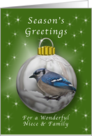 Season’s Greetings for a Niece and her family, Bluejay Ornament card