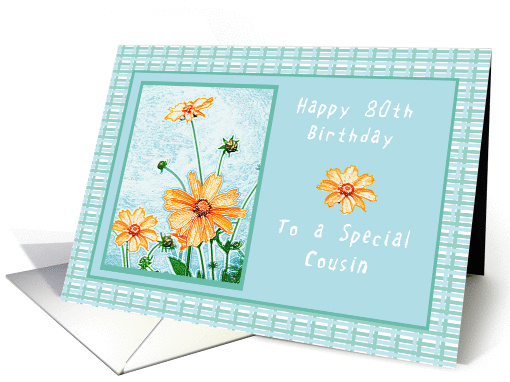 Happy 80th Birthday to a Cousin, Orange flowers, gingham card