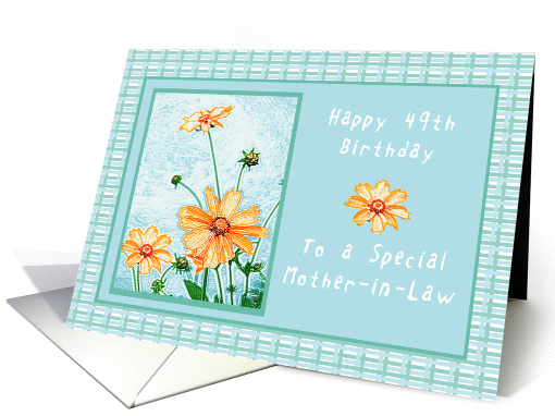 Happy 49th Birthday to a Mother-in-Law, Orange flowers, gingham card
