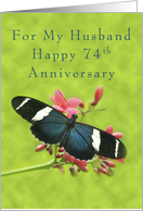 Happy 74th Anniversary for My Husband, Butterfly on Red Flowers card