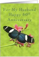 Happy 50th Anniversary for My Husband, Butterfly on Red Flowers card
