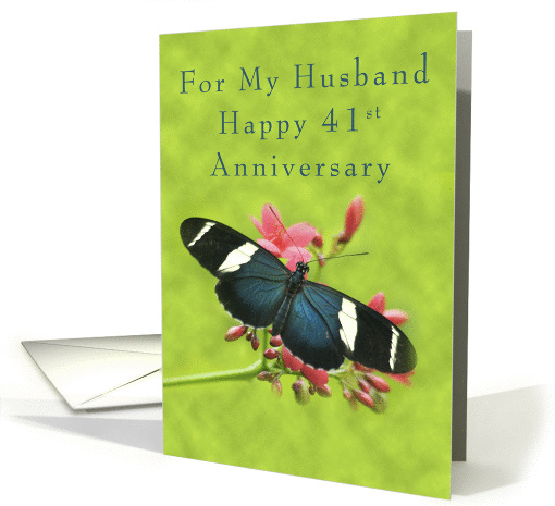 Happy 41st Anniversary for My Husband, Butterfly on Red Flower card