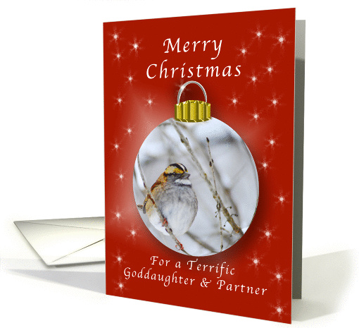 Merry Christmas for a Goddaughter and Partner, Sparrow Ornament card
