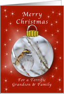 Merry Christmas for a Grandson and His Family, Sparrow Ornament card