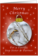 Merry Christmas for a Step Sister and Partner, Sparrow Ornament card