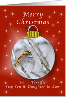 Merry Christmas for a Step Son and Daughter-in-Law, Sparrow Ornament card