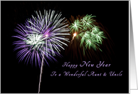 Happy New Year for an Aunt and Uncle, Purple and green fireworks card
