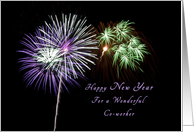 Happy New Year for Your Co-worker, Purple and green fireworks card