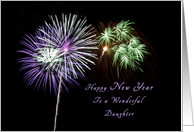 Happy New Year for a Daughter, Purple and green fireworks card