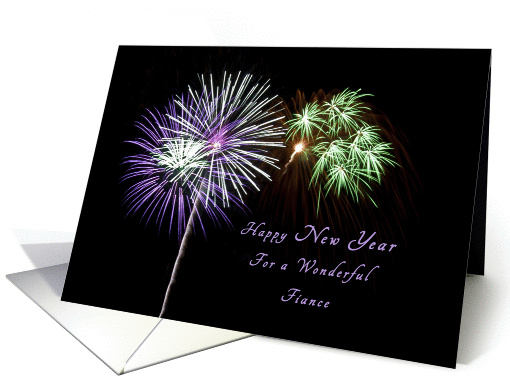 Happy New Year for My Fiance, Purple and green fireworks card