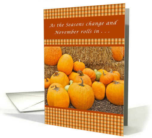 November, Birthday Card, Pumpkins and Gourds on Straw Bales card